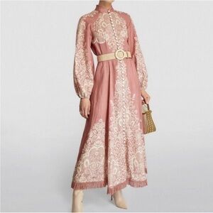 Zimmermann Pattie Blush Pink Long Sleeve Dress with Cream Embroidery